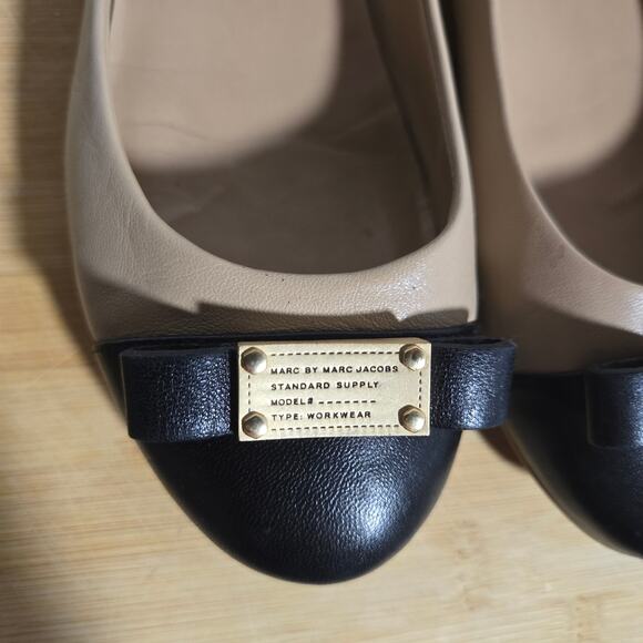 Marc Jacobs Ballet Flats Preppy Bow Black Tan 36 5.5 6 Classic Capsule Leather - Picture 3 of 8
